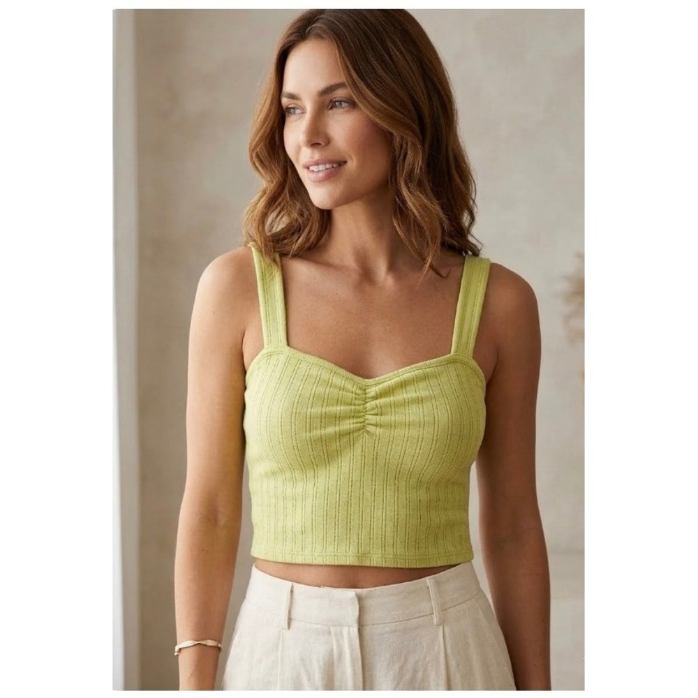 Hem & Thread Lime Green Ribbed Knit Ruched Bust Crop Tank Top Small NWT